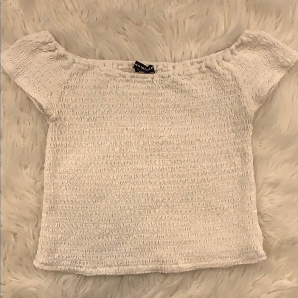 white off the shoulder smocked short sleeve shirt!